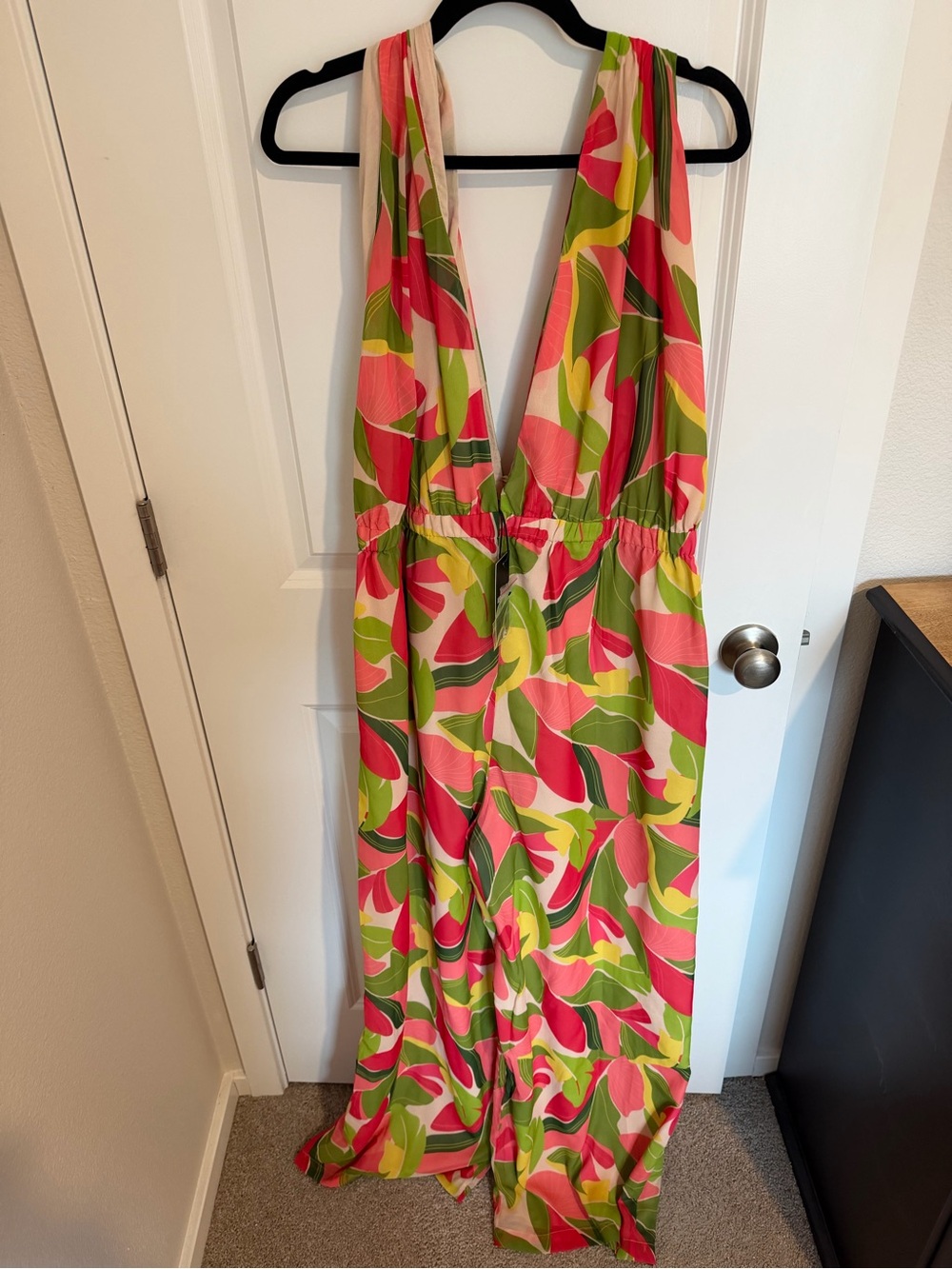 Bright Pink & Green Printed Deep-V Jumpsuit